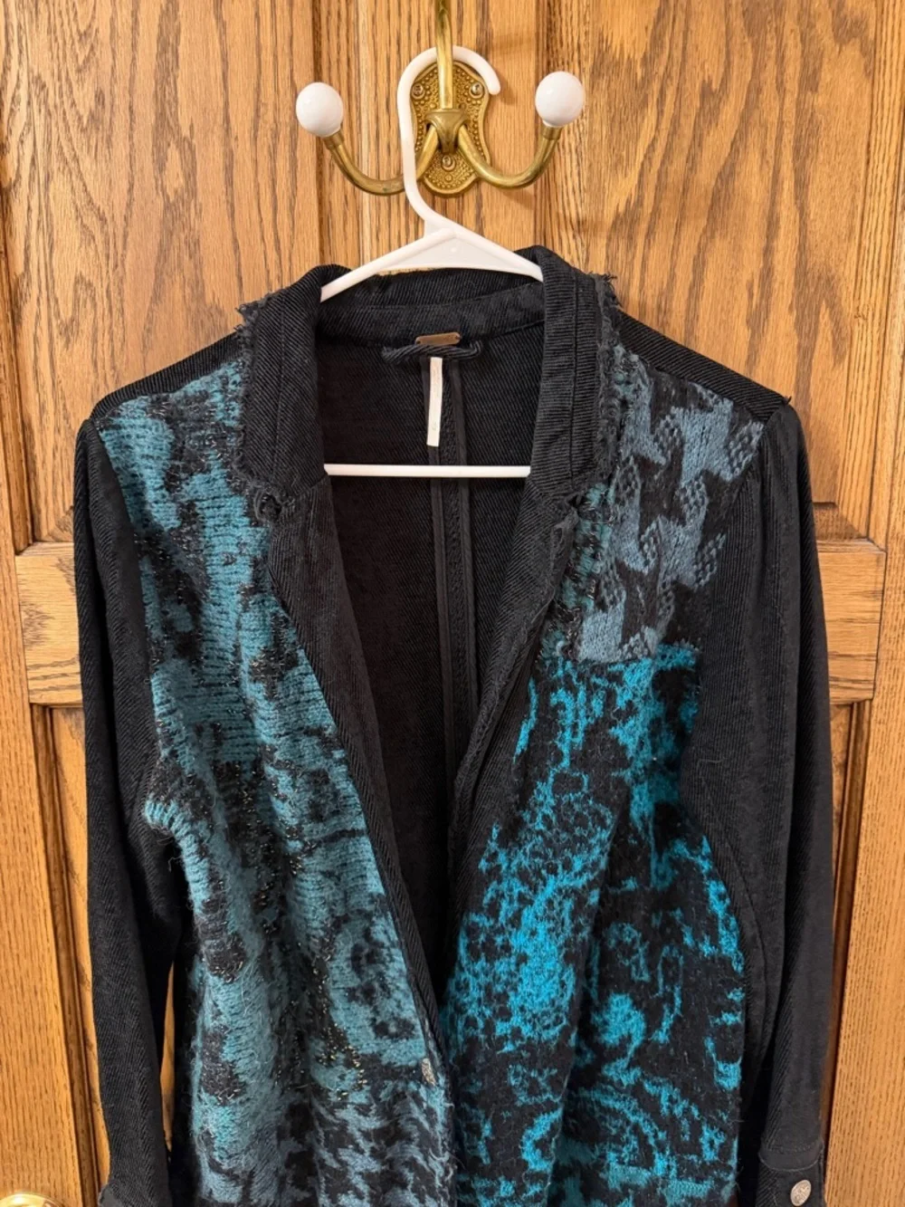 Free People Better Together Teal & Black Patterned Knit Blazer Jacket Medium